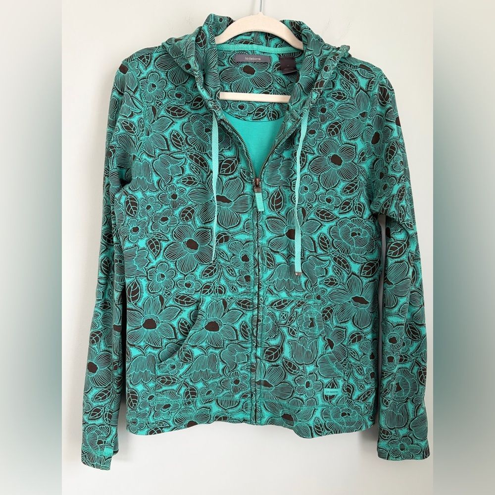 Liz Claiborne Teal and Brown Floral‎ Stretch Hoodie, Size Medium